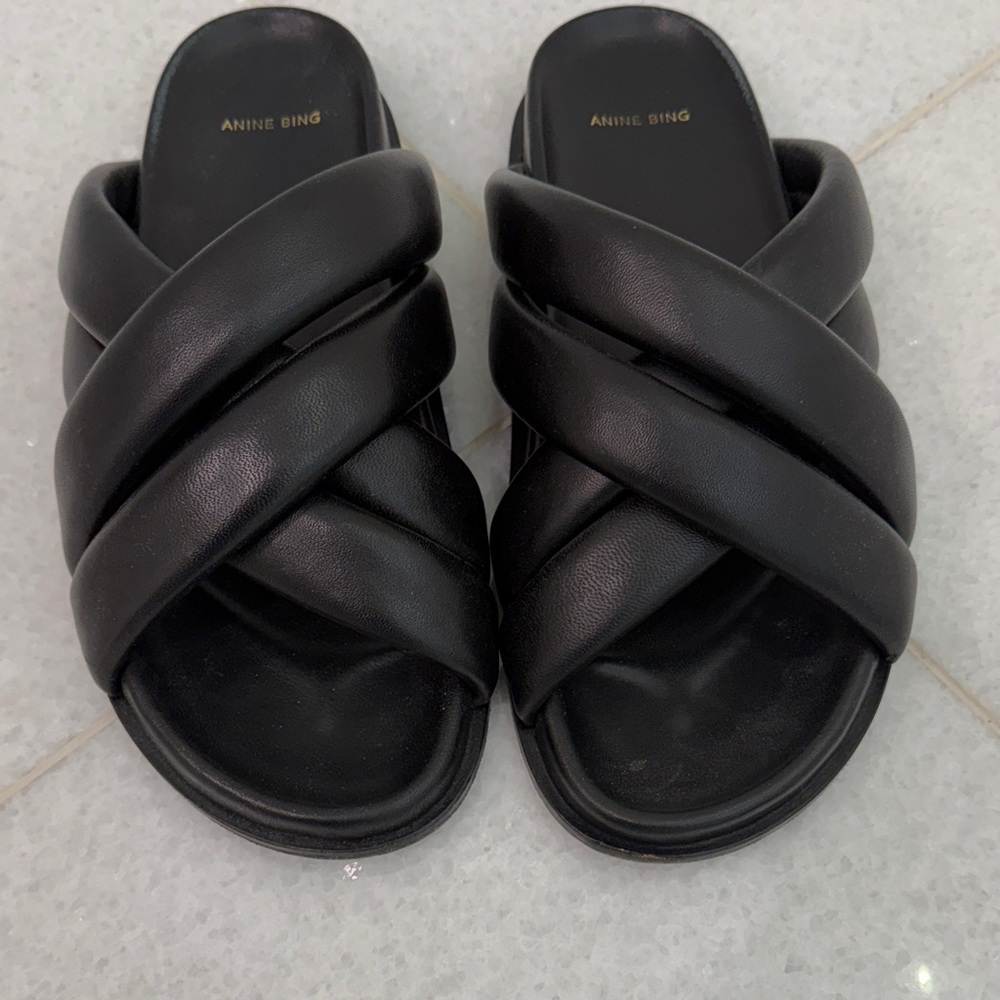 Anine Bing Lizzie Black Leather Padded Slide Sandals 39